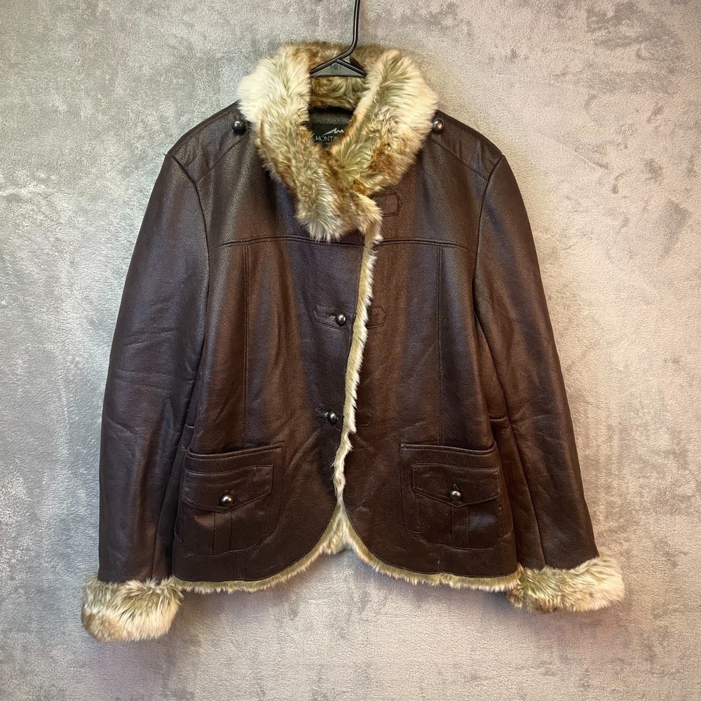 MontanaCo Women's L Brown Faux Leather Look Faux Fur Trim Jacket